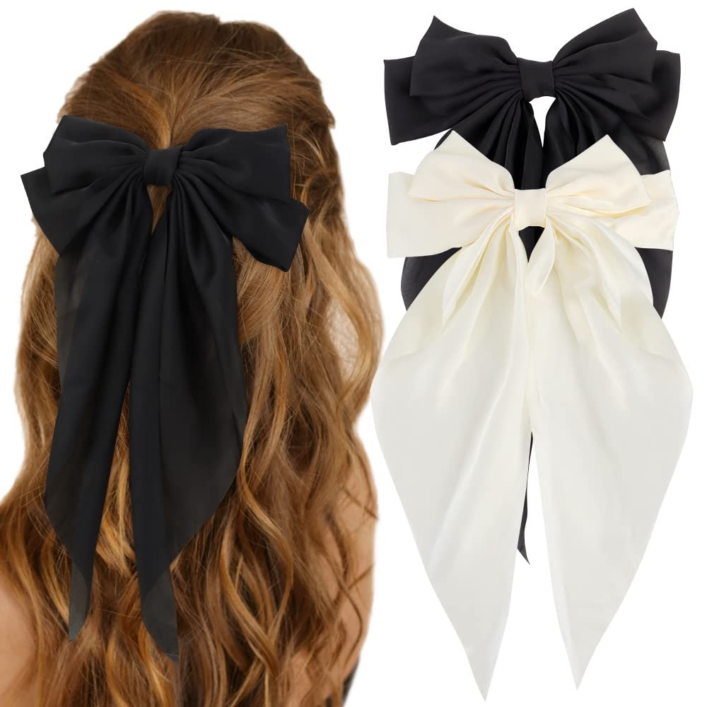 Version 1.0.0 Silky Satin Hair Bows 2Pcs Big Hair Bows for Women Hair Ribbons Oversized Long Tail White Hair Bow Black Hair Bow Large Hair Ribbon Barrettes Metal Clips Bowknot Aesthetic Hair Accessories - Image 1