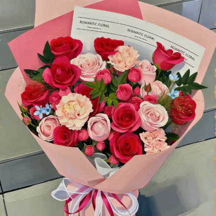 Freud's painting of a bouquet of pink snow mountain flowers on canvas