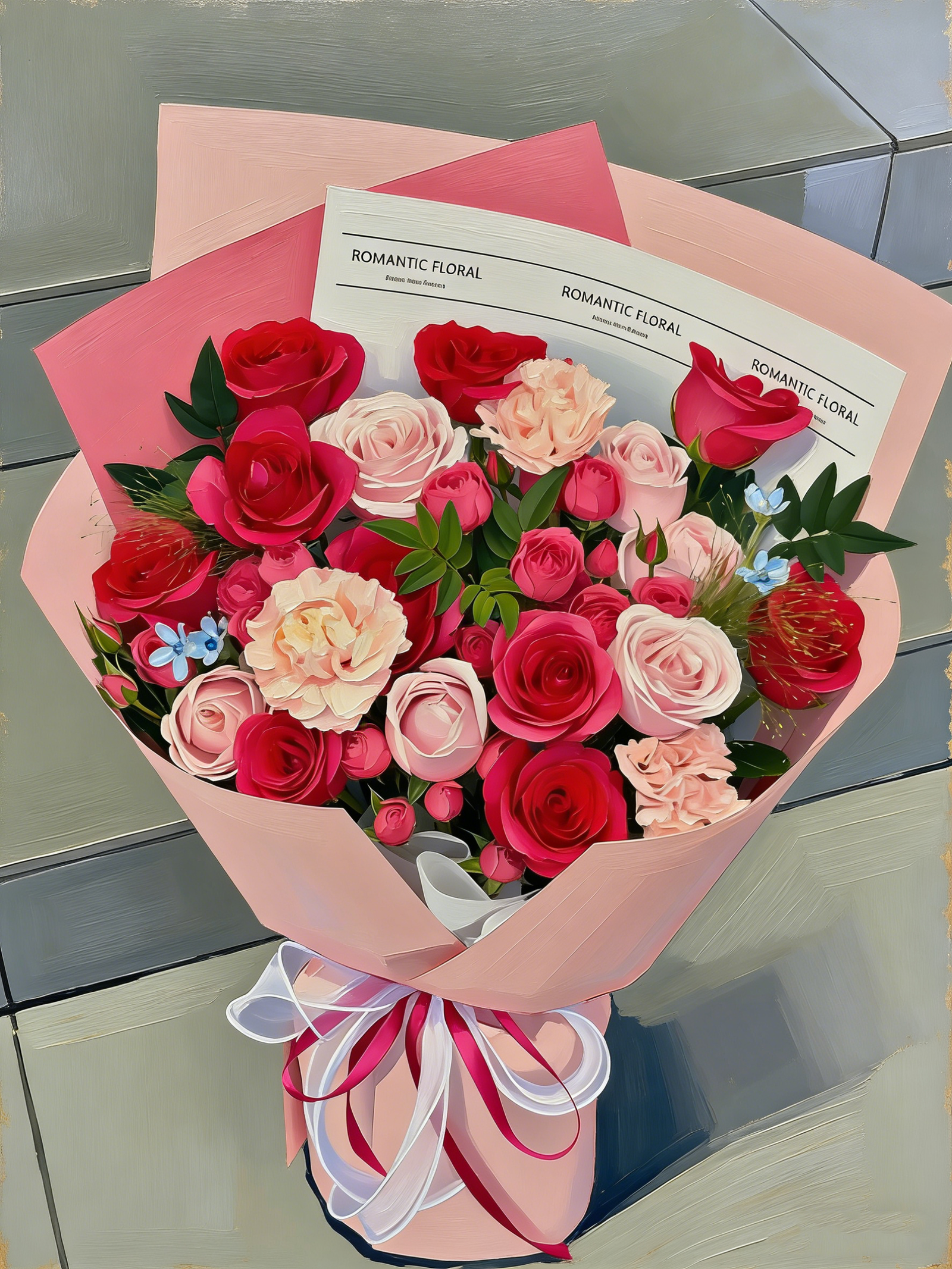 生成油画图 Freud's painting of a bouquet of pink snow mountain flowers on canvas - Image 1